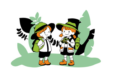 Vector illustration of explorer children in jungle background – cute hand-drawn pop flat design