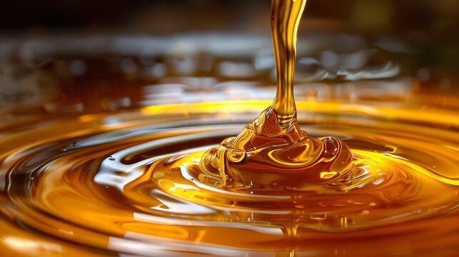 Golden Honey Dripping from a Wooden Dipper, Creating Beautiful Patterns on a White Background