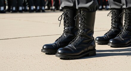 Powerful presence with polished black military boots standing in formation ready for inspection