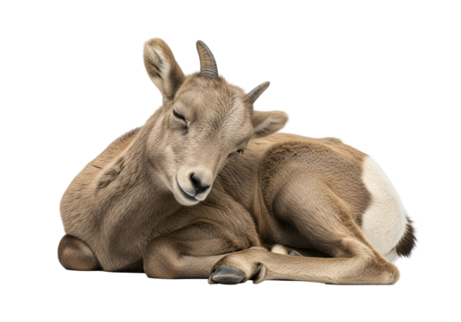 A young bighorn sheep lamb rests peacefully, its head nestled in its furry body, on a black backdrop.