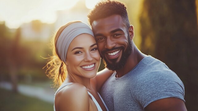 Portrait of smiling multiethnic couple enjoying a sunny day outdoors together
