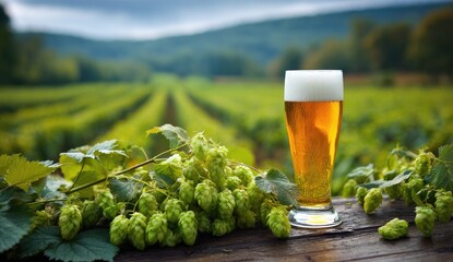 Light beer glass beside fresh hop sprigs in a field