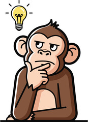 A pixel art illustration of a thoughtful chimpanzee, hand on chin, with a lightbulb representing a bright idea above its head.