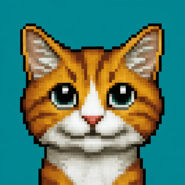Charming pixel art cat portrait on a turquoise background.