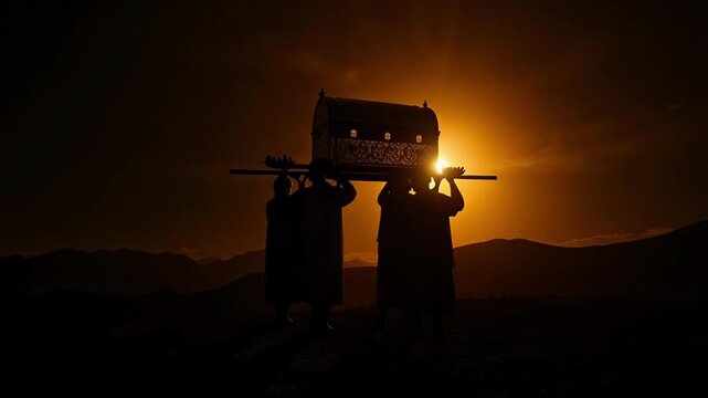 Dynamic silhouette of a glowing Ark of the Covenant carried on shoulders, representing faith, history, and divine power, for impactful visuals