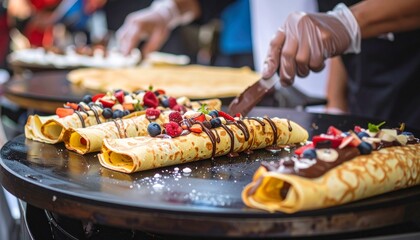 Skilful hands craft delicious dessert-crepes at a bustling food market, adorned with vibrant fresh fruits and rich chocolate drizzle – a sweet culinary spectacle