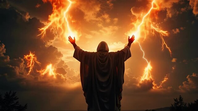 Prophet raises arms to heaven as divine fire erupts, symbolizing faith, hope, and spiritual awakening under dramatic thunderclouds.