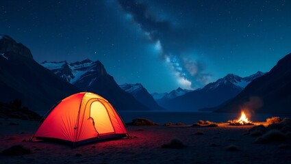 Glowing tent beside campfire under starry sky camping