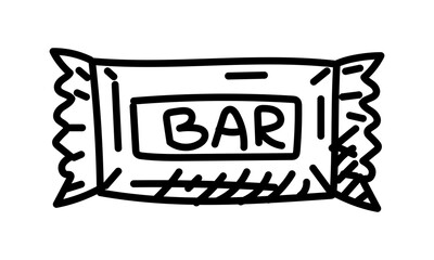 bar in a doodle package, drawn by hand. sweet quick snack. Graphics, engraving, shading. Drawing in black ink, marker, liner for designing postcards. Picnic, tourism, hiking. Eating outdoors