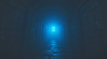 Obraz premium An eerie blue light emerges through a foggy dark corridor