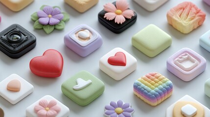 3D rendering of colorful geometric shapes in a minimalistic cartoon style on a white background, featuring flowers, hearts, squares, and triangles to symbolize social media connections