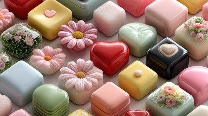 3D rendering of colorful geometric shapes in a minimalistic cartoon style on a white background, featuring flowers, hearts, squares, and triangles to symbolize social media connections