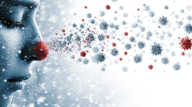 Minimal cartoon illustration of a blue human head silhouette with red nose on a white background, showing virus particles spreading toward the face from both sides. Concept representing cold