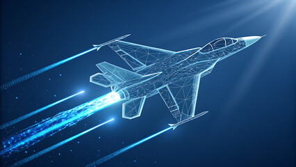 Wireframe jet fighter plane in flight with glowing blue exhaust trails aircraft airplane