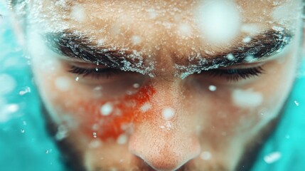 Close-up of sweaty male athlete catching breath after intense workout.