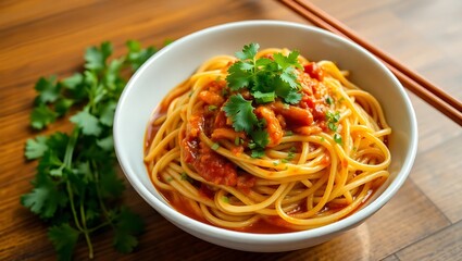 spaghetti with tomato sauce and fresh cilantro on wooden table