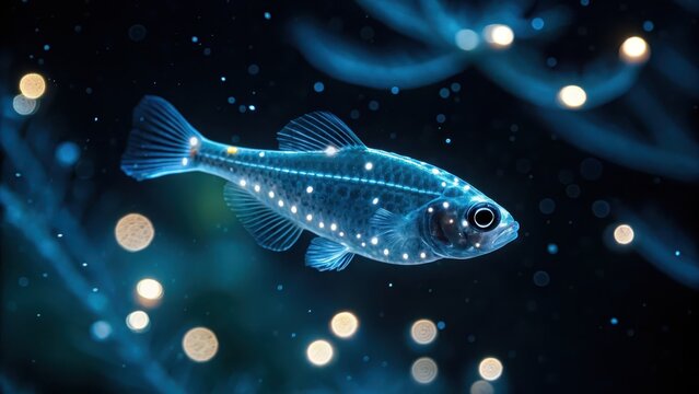 lanternfish bioluminescence A sparkling fish swimming in a dark aquatic environment with glowing orbs.