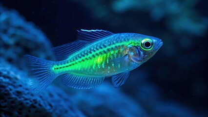 Naklejka premium lanternfish bioluminescence Colorful fish swimming in deep blue water, showcasing vibrant scales and intricate details.