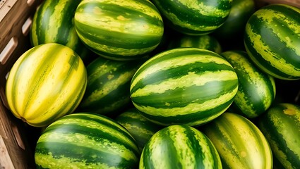 a pile of striped green and yellow watermelons freshly harvested and stacked in a wooden crate