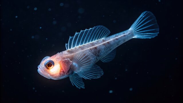 lanternfish bioluminescence A translucent fish swimming gracefully in dark waters, showcasing its delicate features and vibrant colors.