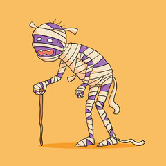 funny halloween mummy with wood stick vector illustration. halloween cartoon character