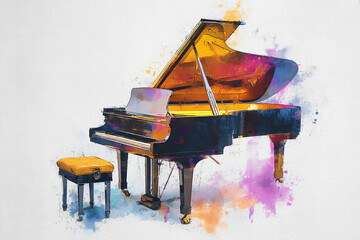 Grand piano with open lid and matching stool artistic watercolor rendering