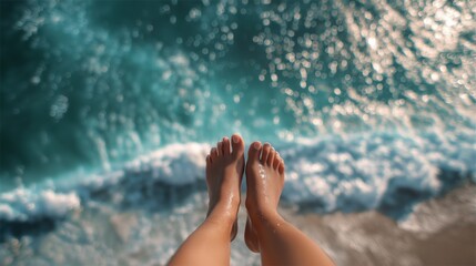 Bare feet of a woman standing on sandy beach near turquoise ocean waves with bright sunlight