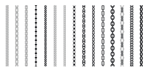 Chain vector set. Chain brushes seamless pattern. Chains thread, jewelry black silhouette. Technical structure, machine or cable elements decent. Vector illustration.