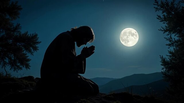 Silhouette of Jesus kneeling in prayer at Gethsemane under a glowing moon evokes faith, hope, and spiritual reflection in a moment of reverence