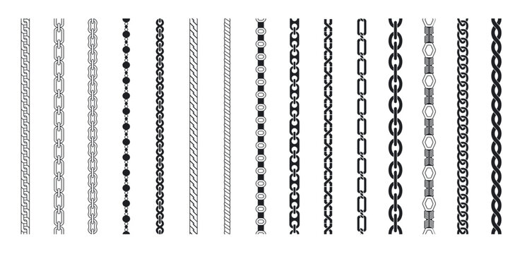 Chain vector set. Chain brushes seamless pattern. Chains thread, jewelry black silhouette. Technical structure, machine or cable elements decent. Vector illustration.