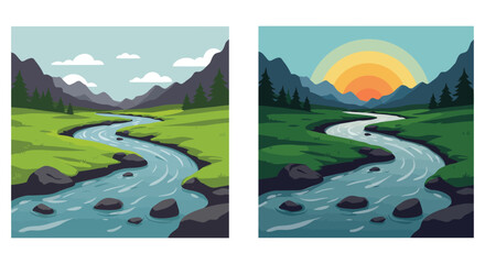 serene landscape with mountains river and trees in daytime and sunset © MALA
