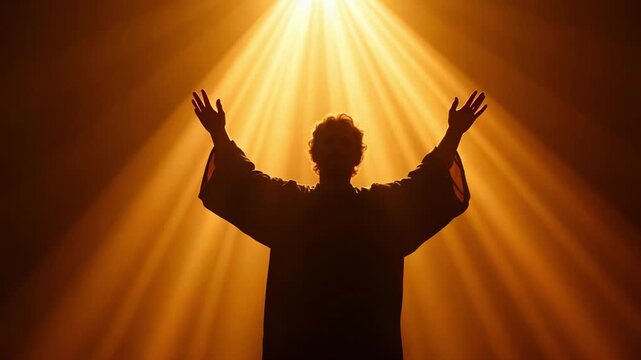 Silhouette of a preacher with raised hands bathed in divine light, delivering a powerful sermon with spiritual energy and faith