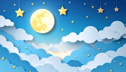 Fototapeta premium Dreamy winter night sky vector illustration with moon, stars, and clouds