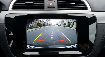 Car Rearview Camera Display Yellow and Red Lane Guidance Lines on Screen in Modern Automotive Control Panel