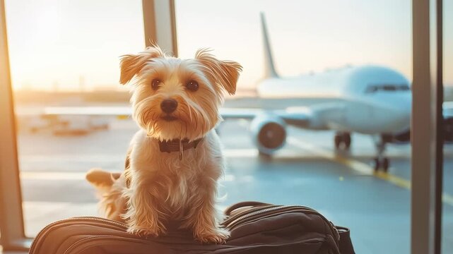 Small Dog Sitting on a Suitcase at the Airport with an Airplane in the Background	