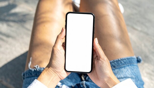 A woman's hands holding a smartphone with a blank screen, showcasing its capabilities in a lifestyle setting