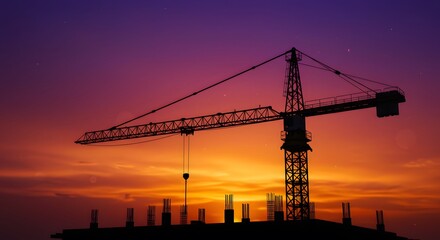 Silhouette Crane Building Construction Against Vibrant Sunset Sky