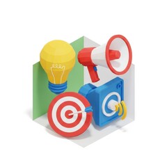 Creative 3D Illustration of Target, Megaphone, Lightbulb, and Sound Icon
