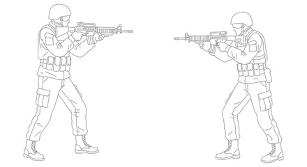 Soldiers in tactical gear aiming rifles in different stances side by side