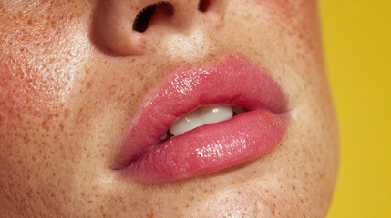 Fototapeta premium Close-up view of a woman's face with freckles and pink lipstick.