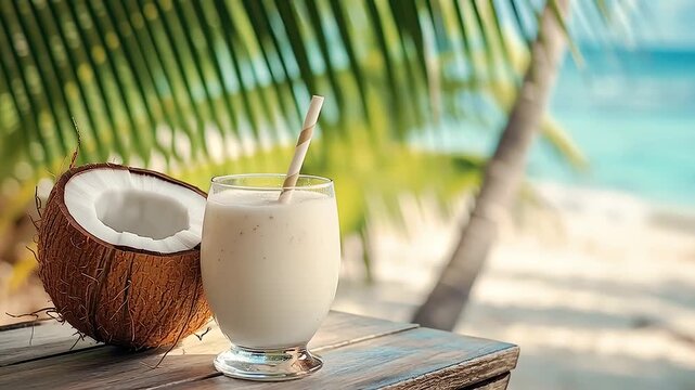 coconut cocktail against the backdrop of the sea and beach
