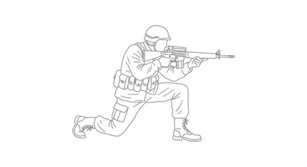 Soldier in tactical gear kneeling and aiming a rifle to the right side