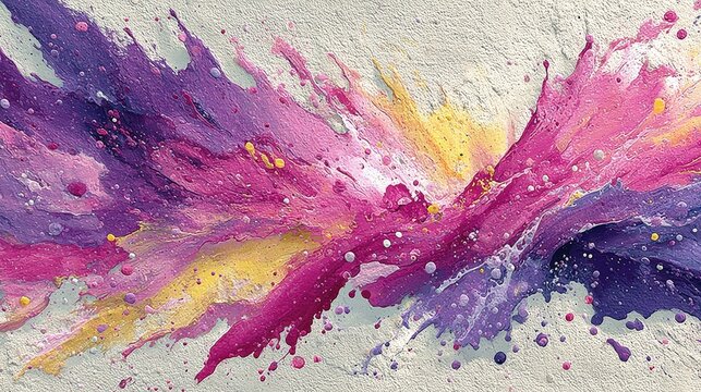 Explosion of vibrant purple, pink, and yellow powder against a textured gray background, creating an abstract artistic effect - Powered by Adobe