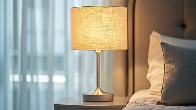 Close-up of a bright table lamp near the bed	
