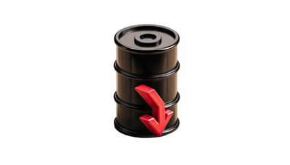 3D rendered black oil barrel with red downward arrow