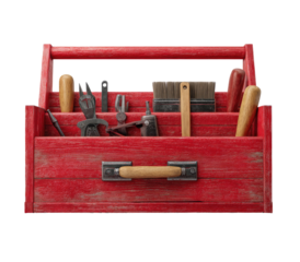 Red wooden toolbox filled with assorted tools