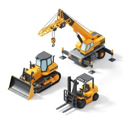 Fototapeta premium 3D Isometric Construction Vehicles Icon Set Featuring Crane Truck, Bulldozer, and Forklift on Clean Minimal Background for Industrial, Engineering, and Heavy Equipment Themes
