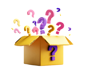 A cardboard box with colorful question marks erupting