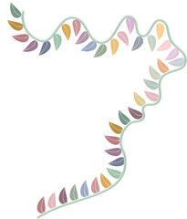 Curved Vine-Like Line with Colorful Leaf Pairs, Abstract Nature Border on Light Gray, vector illustration of an abstract floral background
