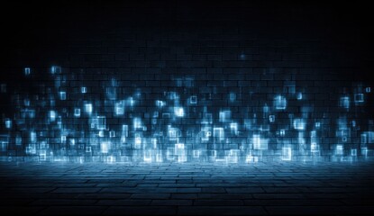 Fototapeta premium Dark room, glowing blue squares on brick wall